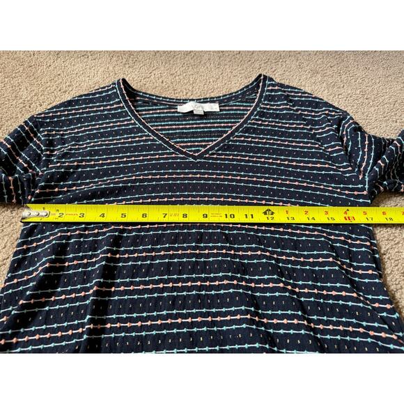 Loft Mini Dress Stripe Swiss Dot Long Sleeve Casual V Neck Casual Navy Blue - Picture 2 of 7